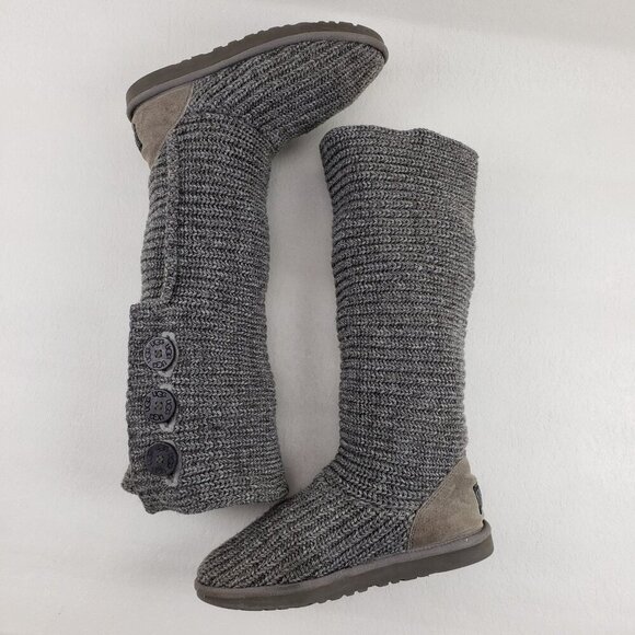 Ugg Cardy Knit Tall Boot Womens 8 Gray Pull On Button Up Sweater Winter Cozy - Picture 5 of 14